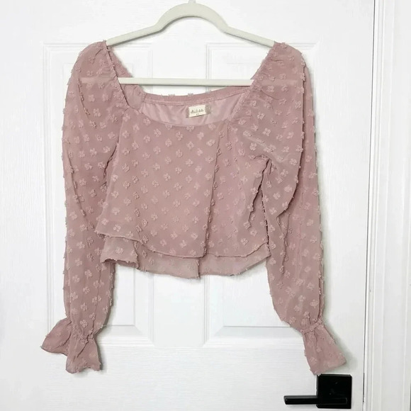 ALTAR'D STATE Size XS Crop Top Dusty Pink Long Sleeve Textured Floral Polka Dot - Picture 1 of 6